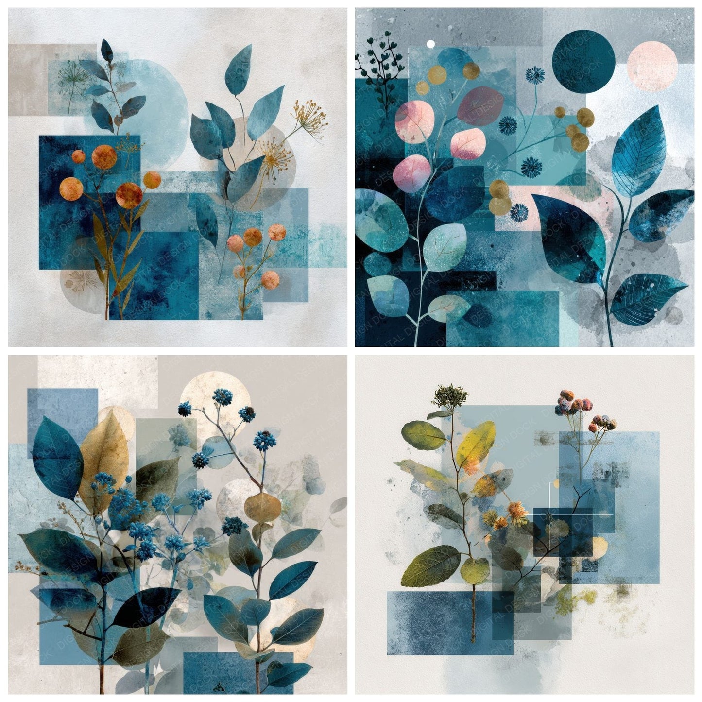 Blue Botanical Collage Background Digital Paper Pack (DDD000083)