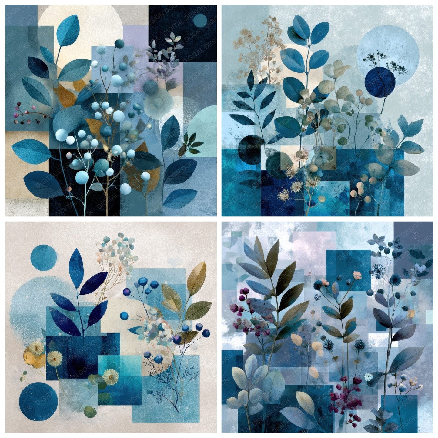 Blue Botanical Collage Background Digital Paper Pack (DDD000083)