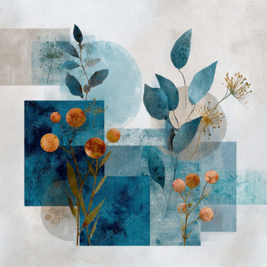 Blue Botanical Collage Background Digital Paper Pack (DDD000083)