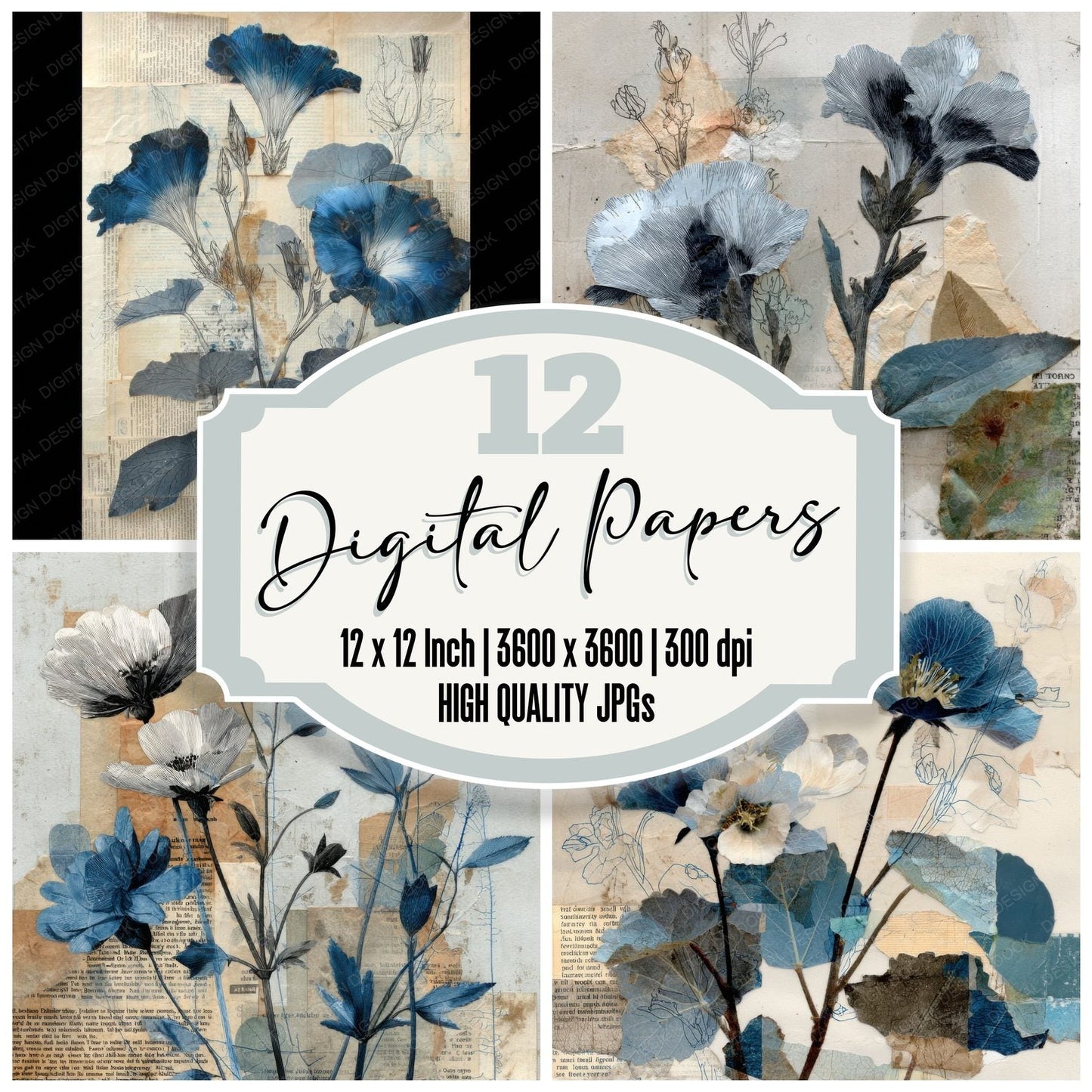 Blue Botanical Newsprint Background Digital Paper Pack (DDD000084)