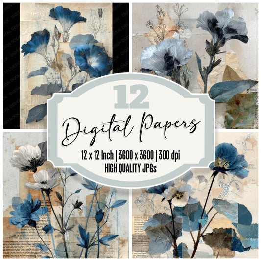Blue Botanical Newsprint Background Digital Paper Pack (DDD000084)