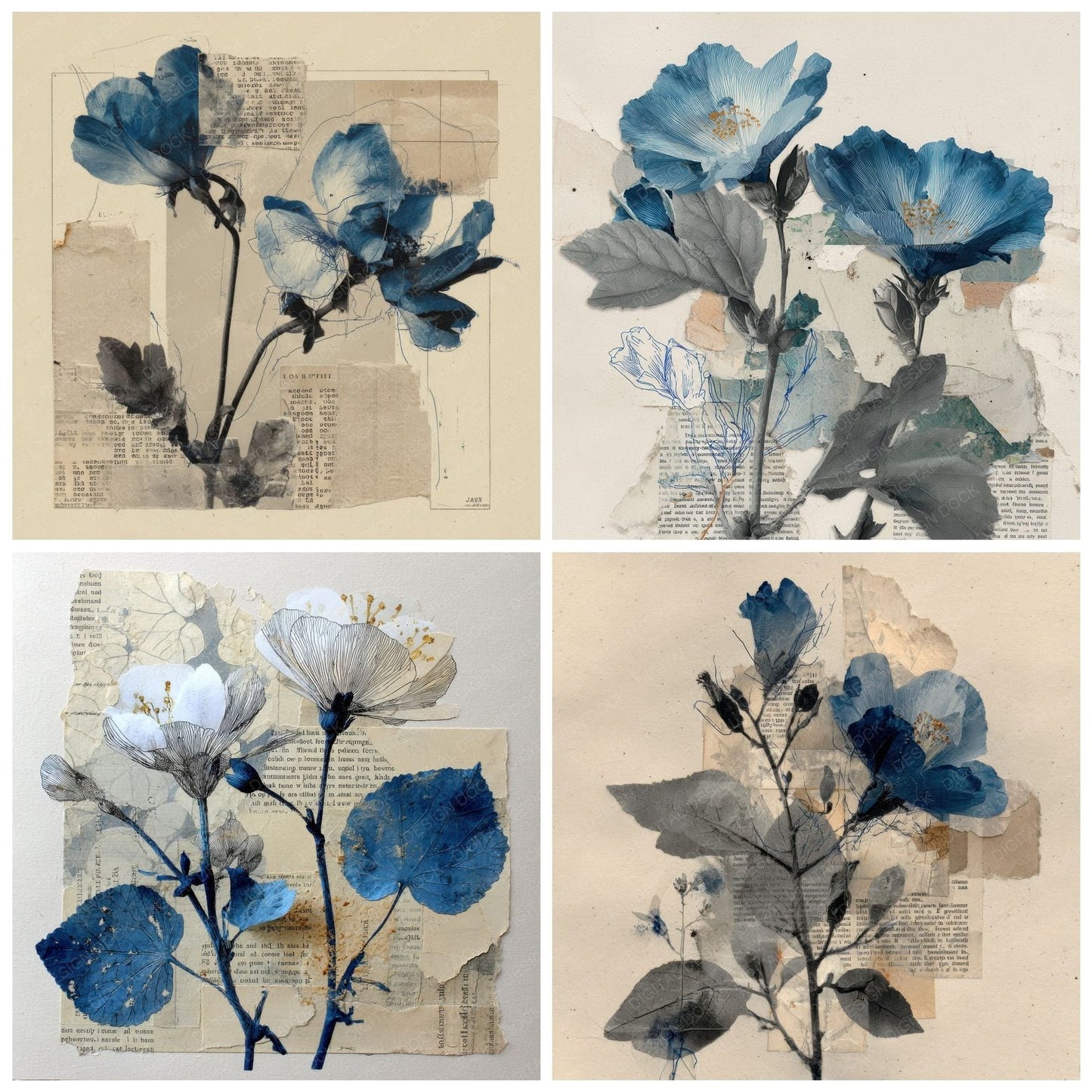 Blue Botanical Newsprint Background Digital Paper Pack (DDD000084)