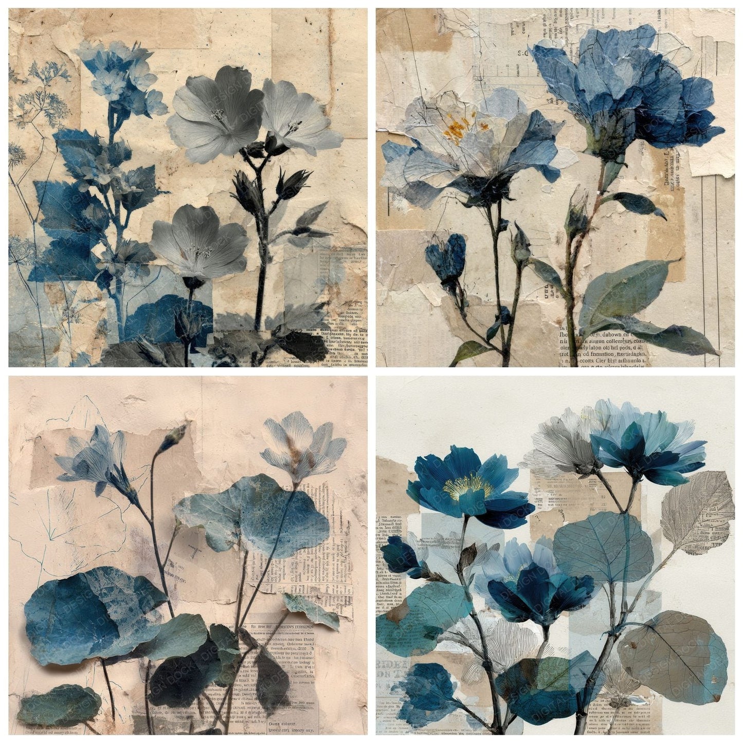 Blue Botanical Newsprint Background Digital Paper Pack (DDD000084)
