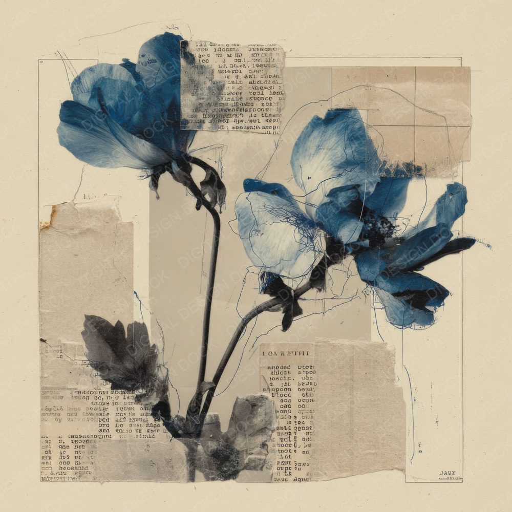 Blue Botanical Newsprint Background Digital Paper Pack (DDD000084)