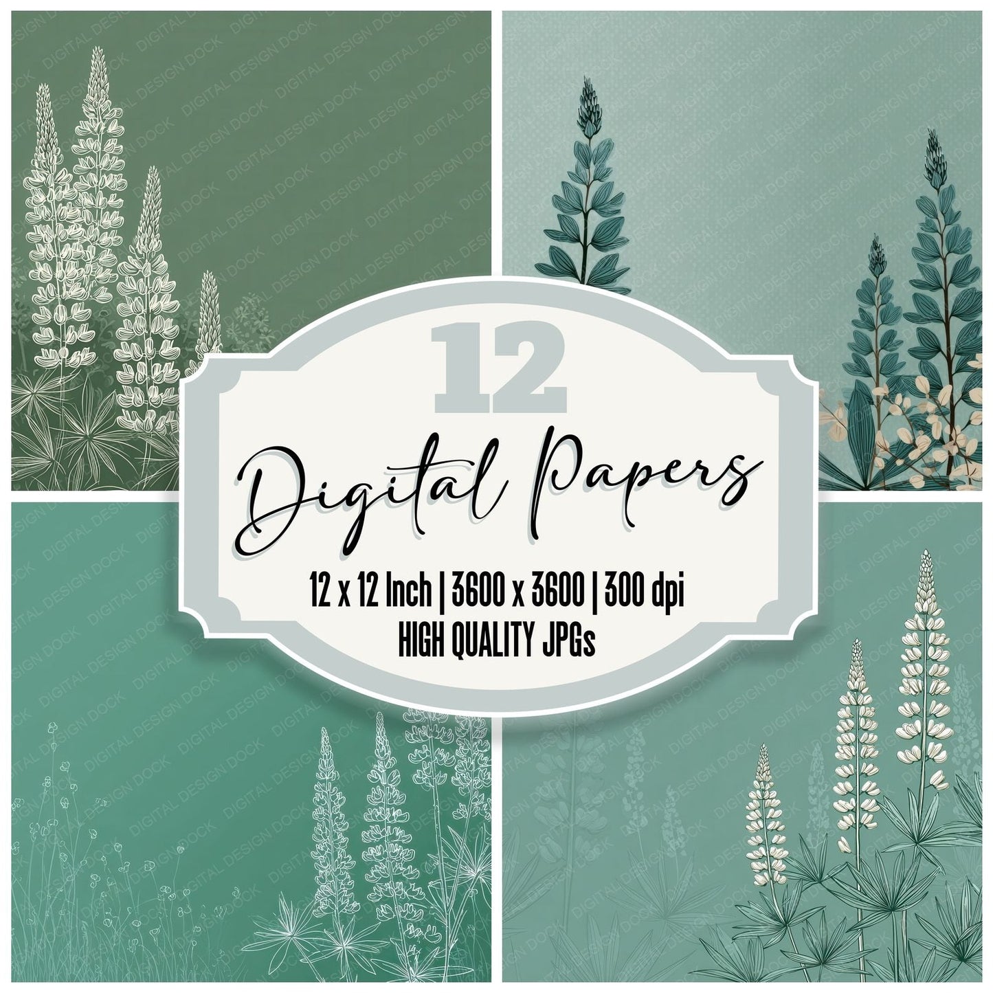 Celadon Lupine Outline Background Digital Paper Pack (DDD000086)
