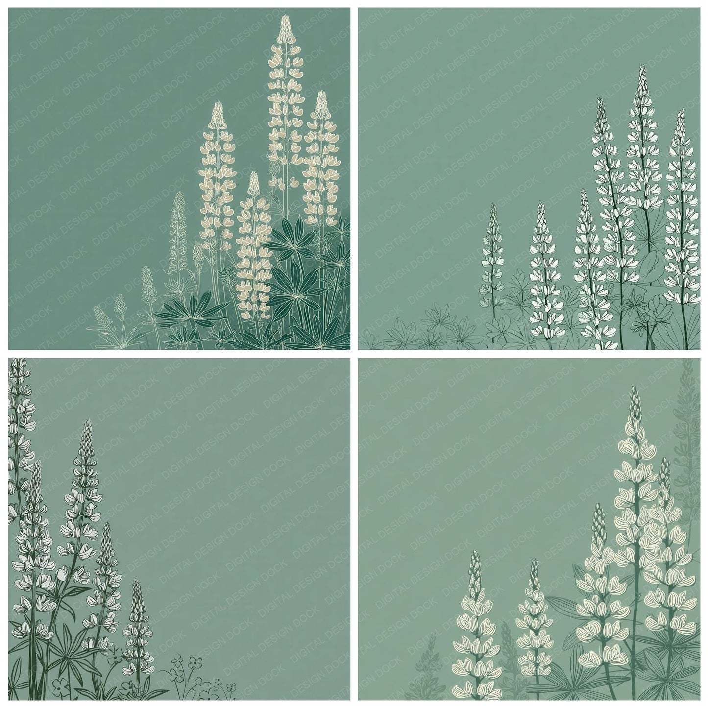 Celadon Lupine Outline Background Digital Paper Pack (DDD000086)