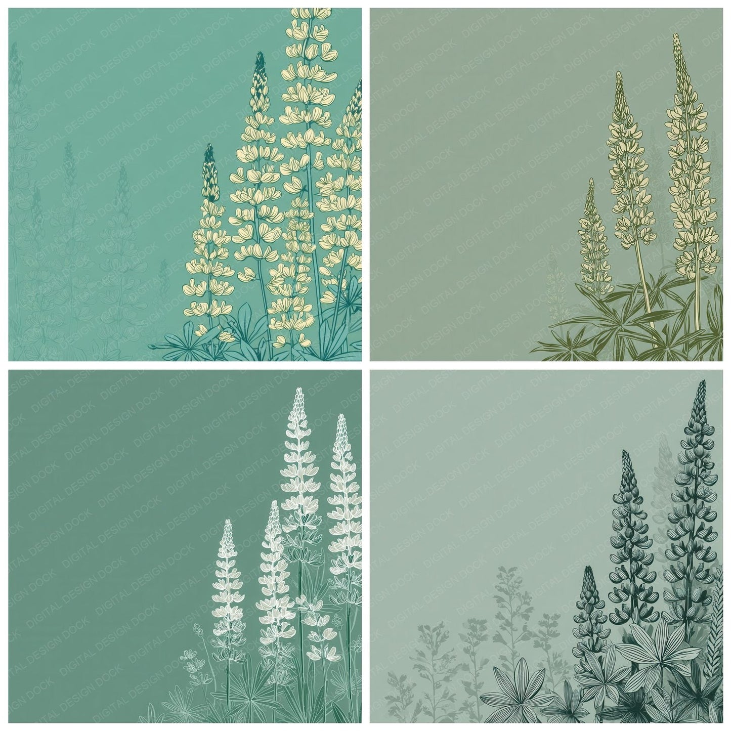 Celadon Lupine Outline Background Digital Paper Pack (DDD000086)
