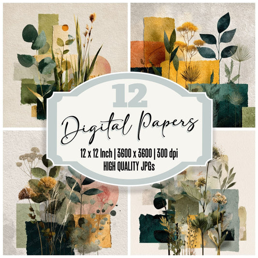 Green Botanical Collage Background Digital Paper Pack (DDD000089)