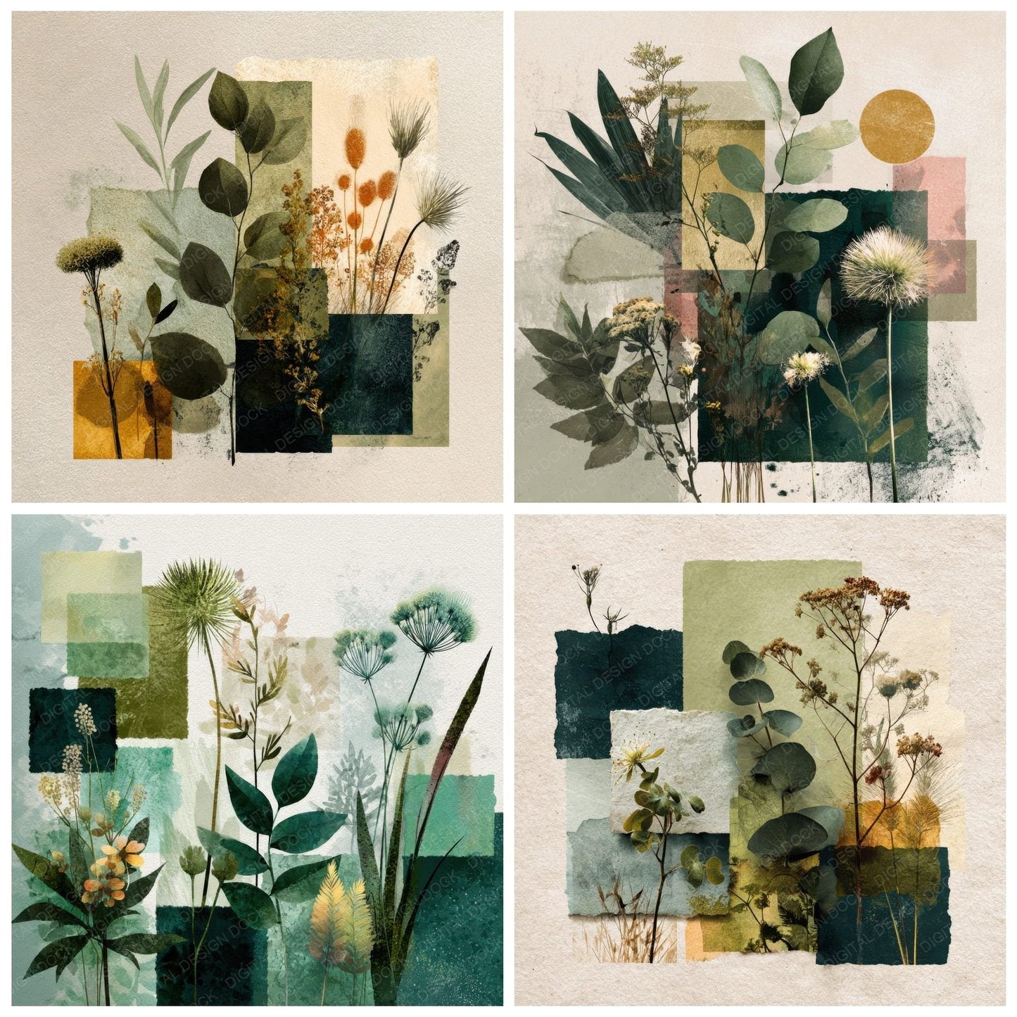 Green Botanical Collage Background Digital Paper Pack (DDD000089)