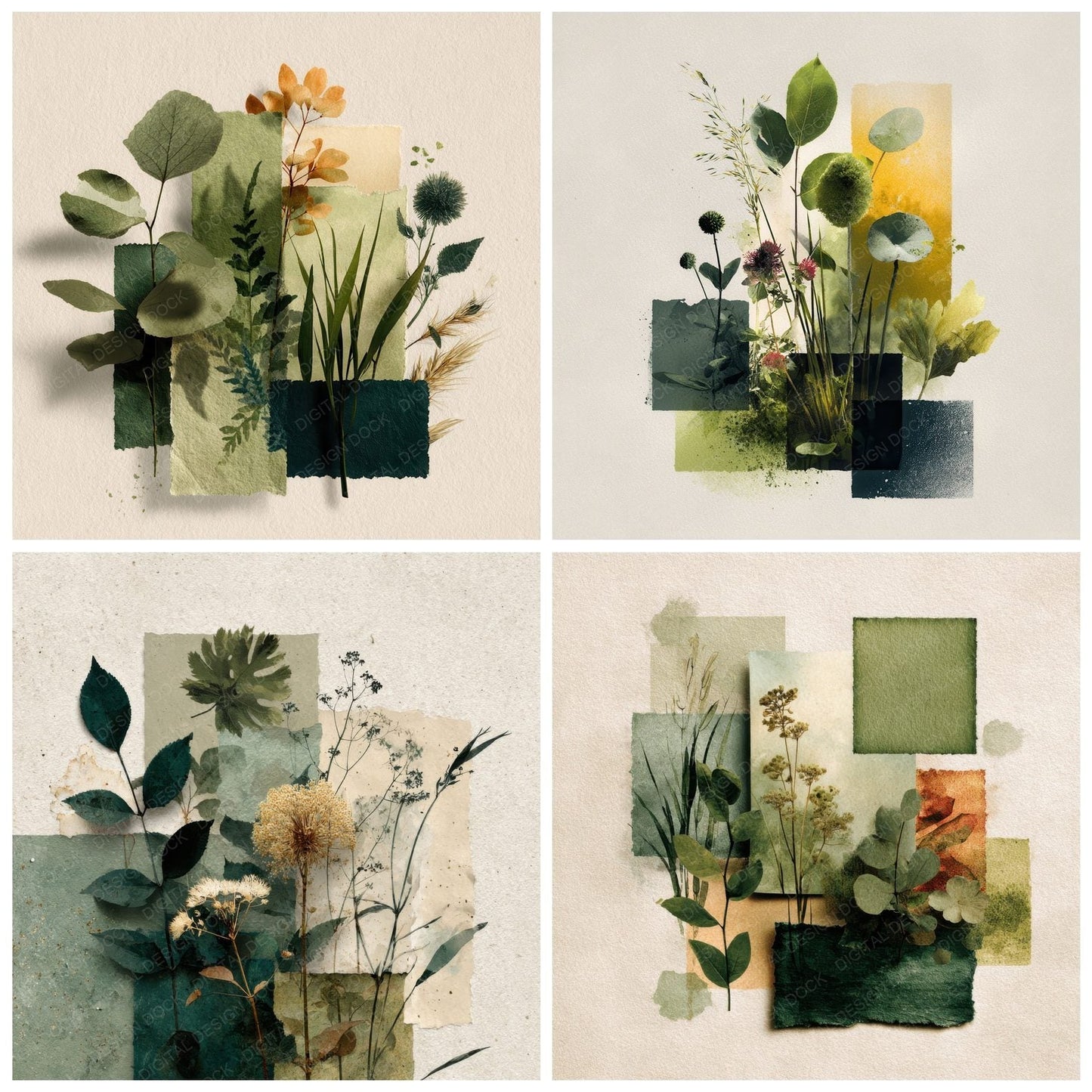 Green Botanical Collage Background Digital Paper Pack (DDD000089)