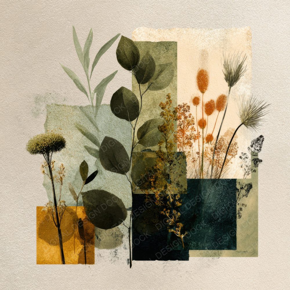 Green Botanical Collage Background Digital Paper Pack (DDD000089)