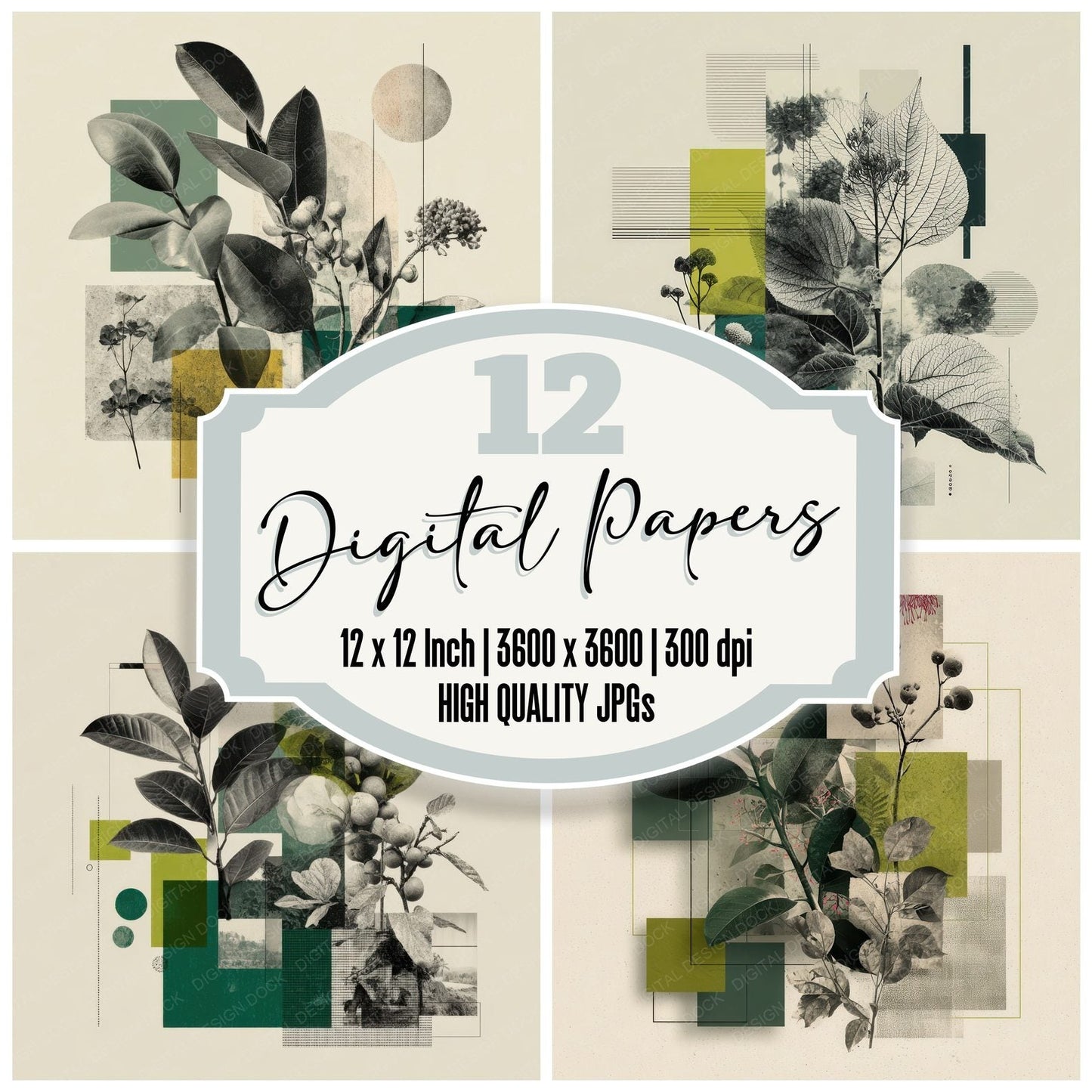 Green Graphic Botanical Collage Background Digital Paper Pack (DDD000091)