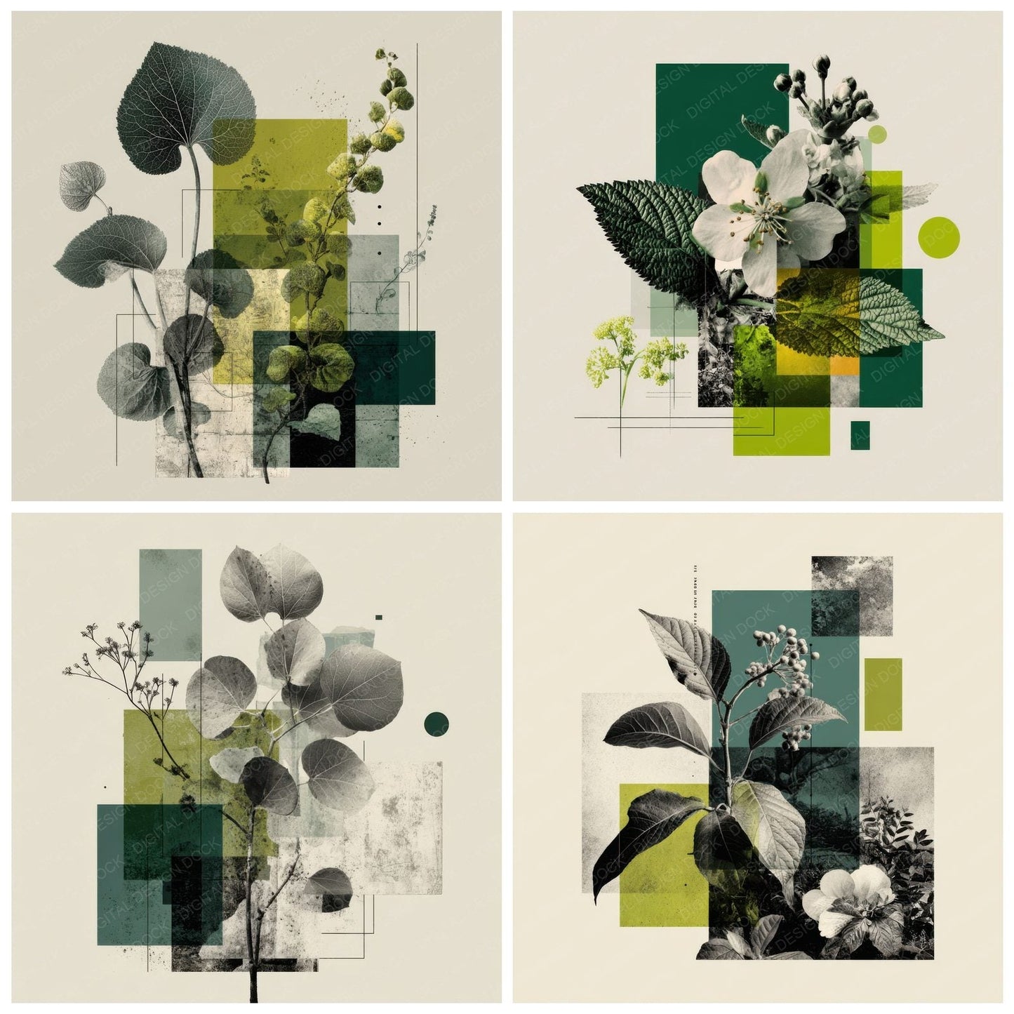 Green Graphic Botanical Collage Background Digital Paper Pack (DDD000091)