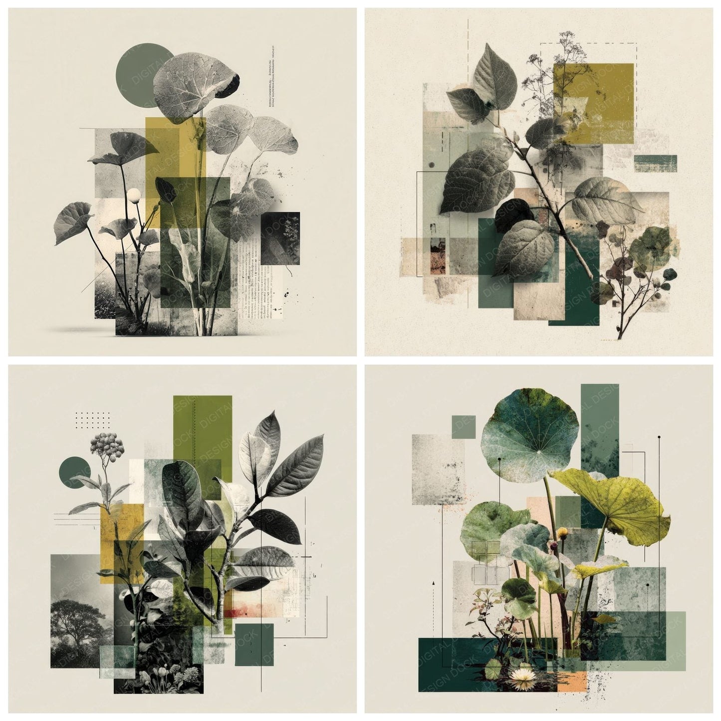 Green Graphic Botanical Collage Background Digital Paper Pack (DDD000091)