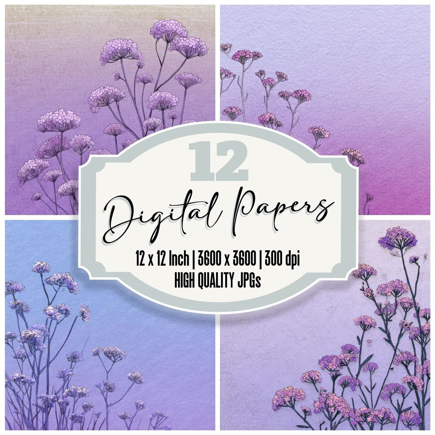 Lavender Verbena Outline Background Digital Paper Pack (DDD000092)