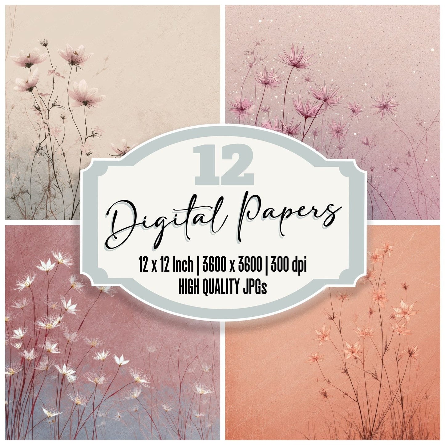Mist Rose Nigella Outline Background Digital Paper Pack (DDD000093)