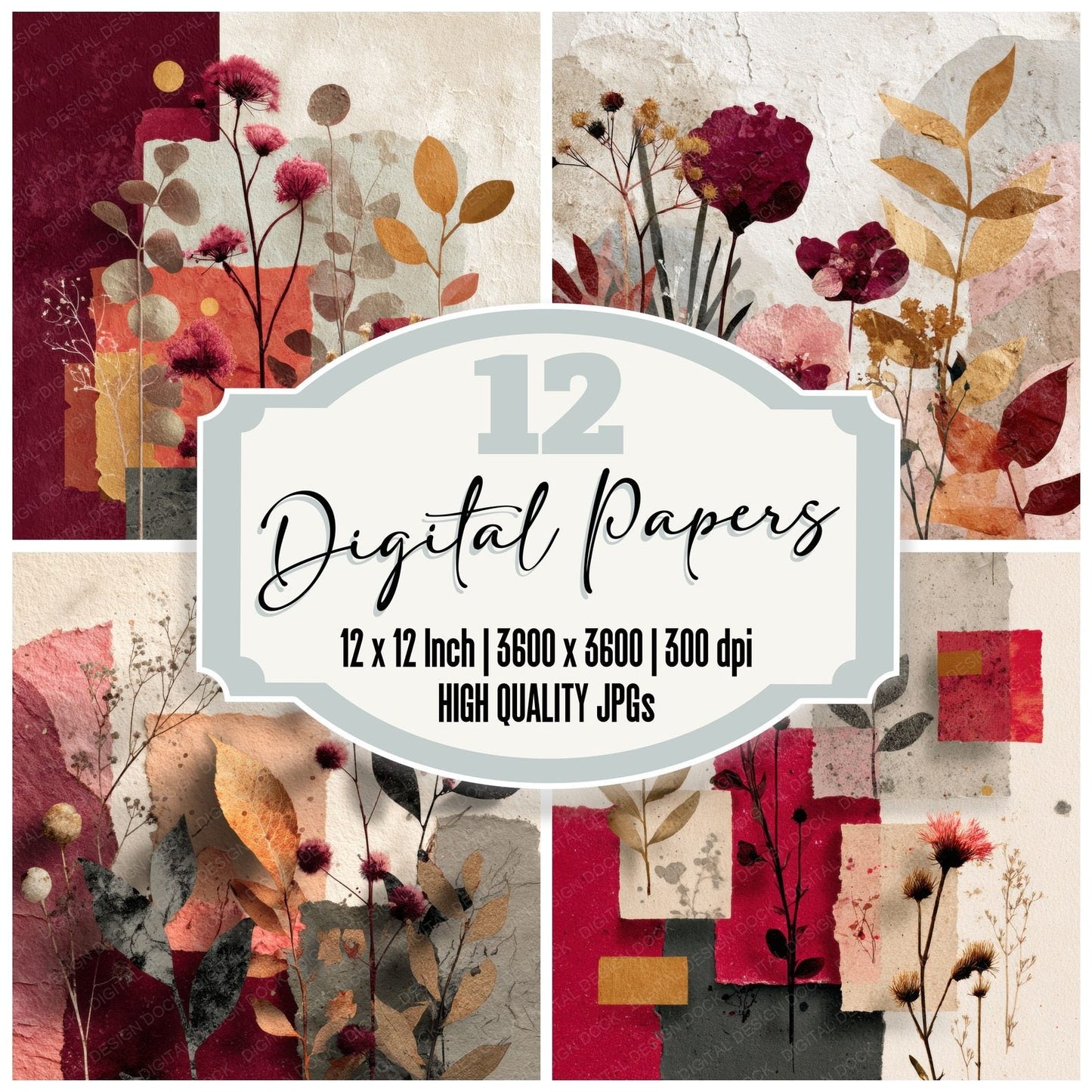 Red Botanical Collage Background Digital Paper Pack (DDD000096)