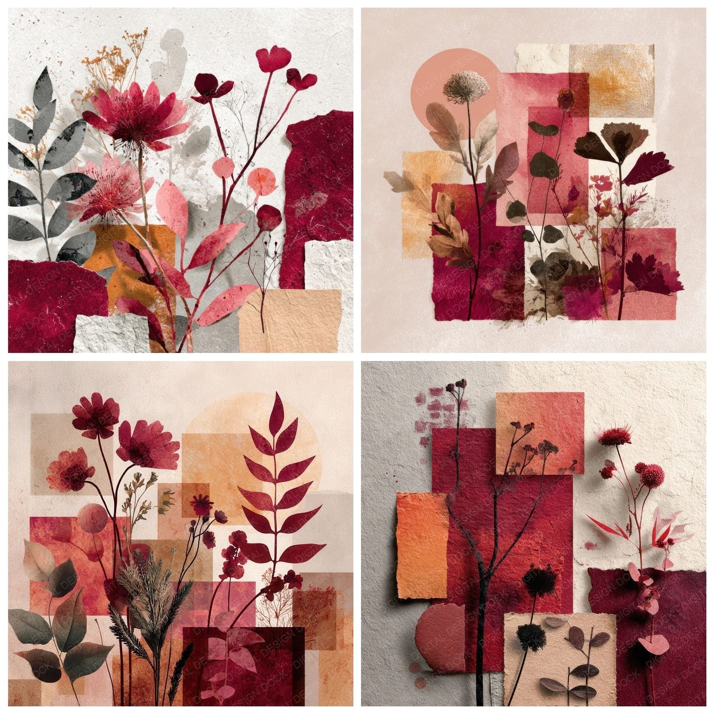 Red Botanical Collage Background Digital Paper Pack (DDD000096)