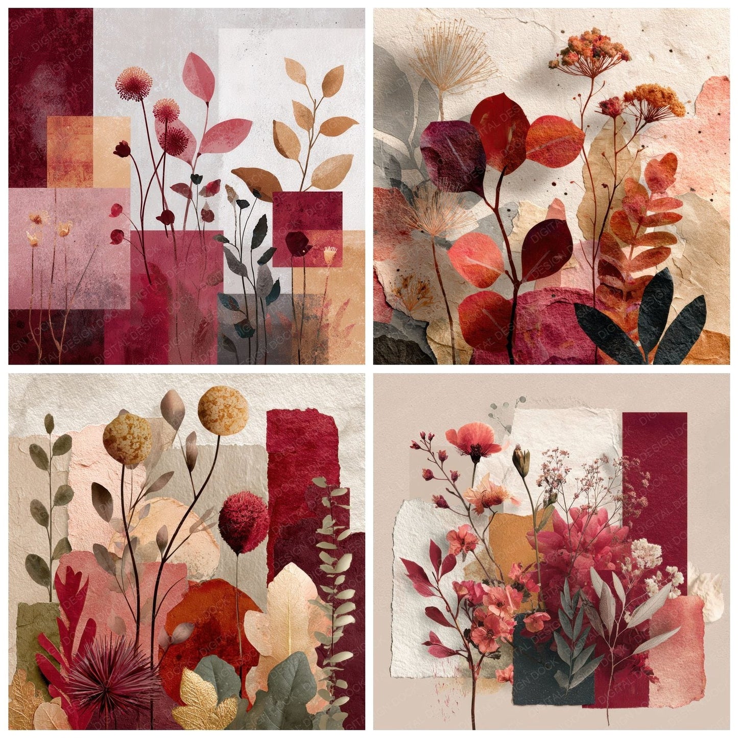 Red Botanical Collage Background Digital Paper Pack (DDD000096)