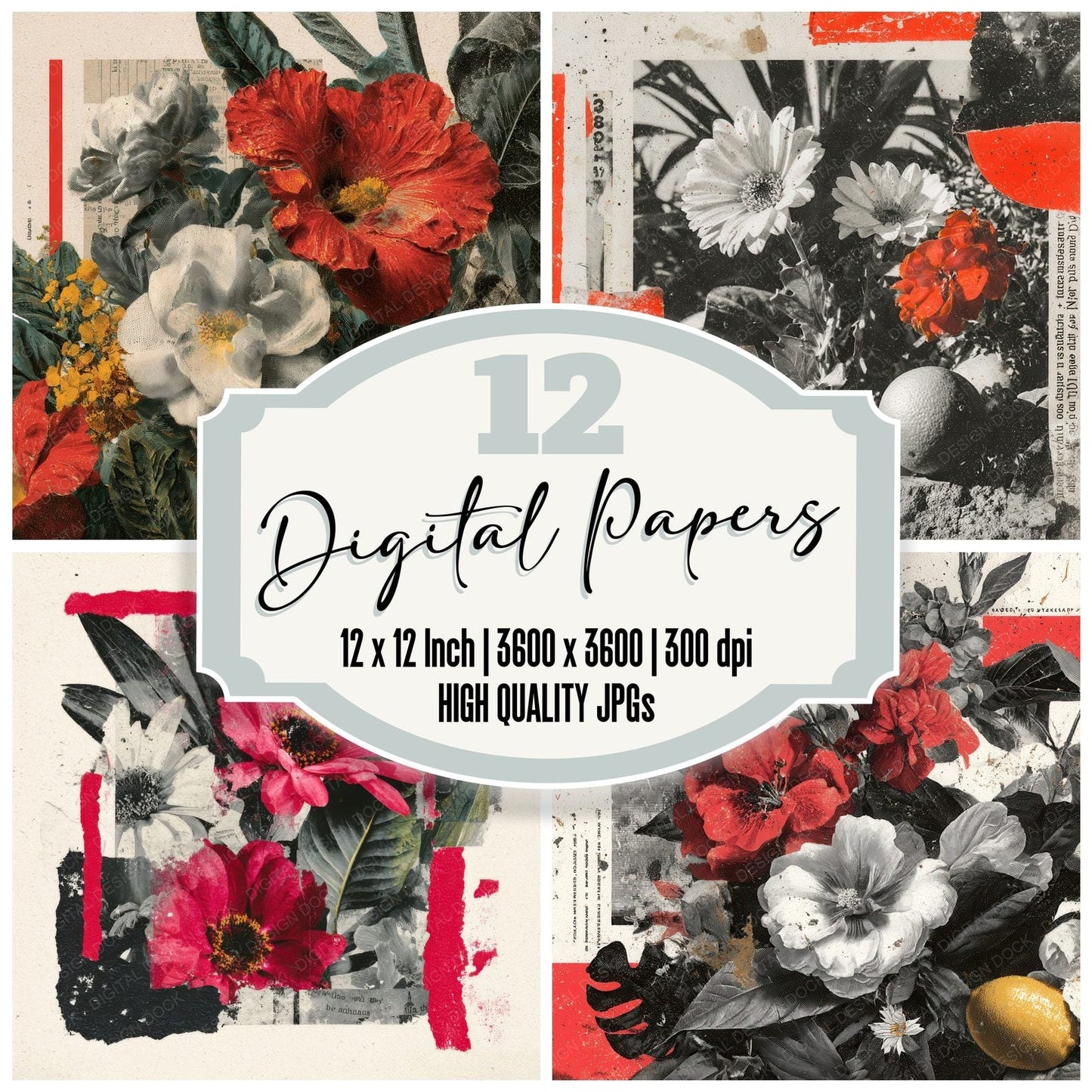 Red Overprint Floral Collage Background Digital Paper Pack (DDD000097)