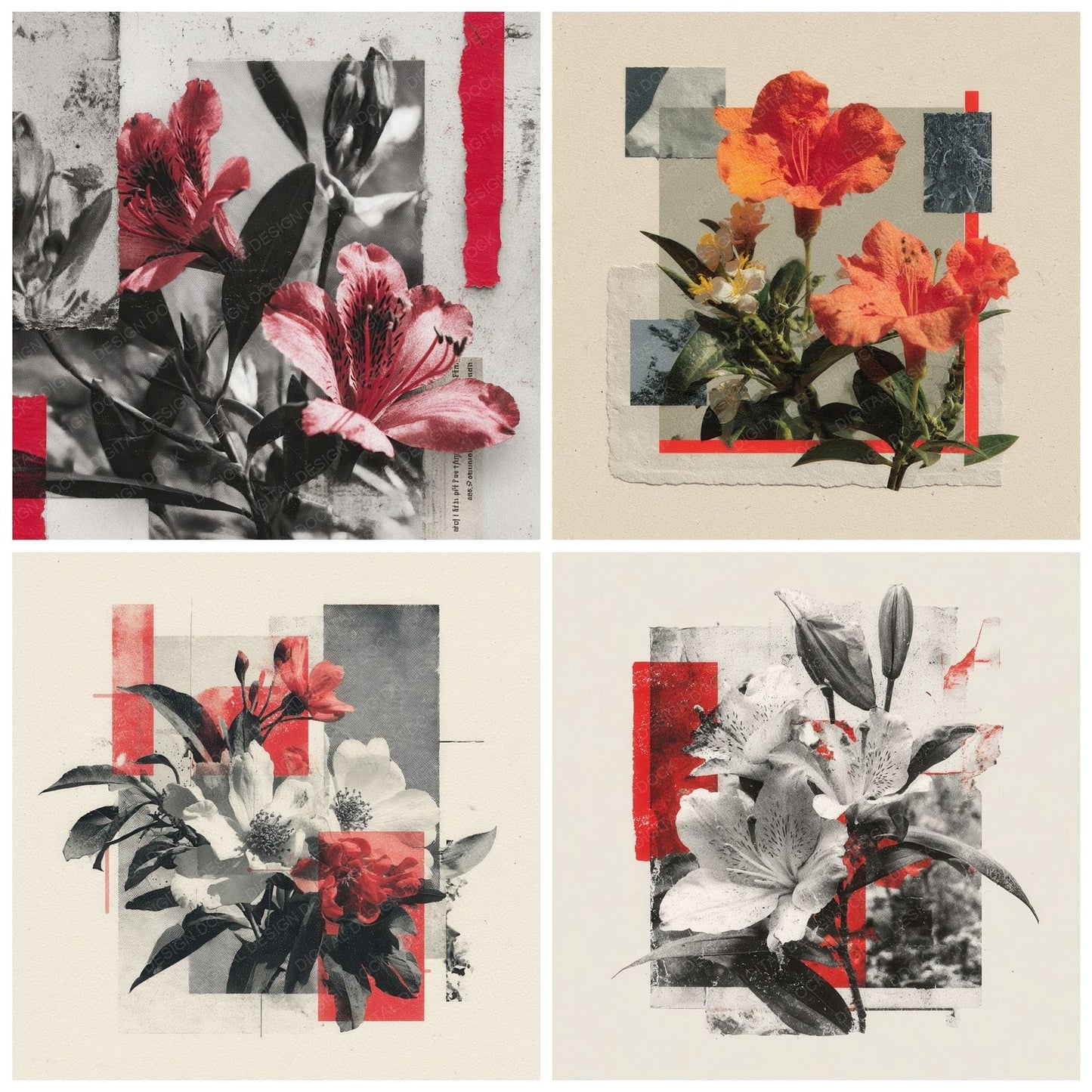 Red Overprint Floral Collage Background Digital Paper Pack (DDD000097)
