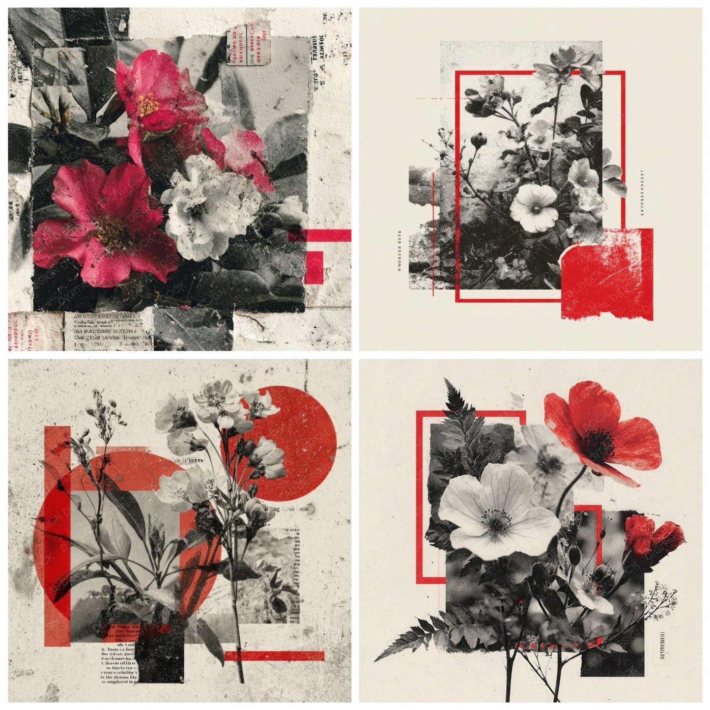 Red Overprint Floral Collage Background Digital Paper Pack (DDD000097)