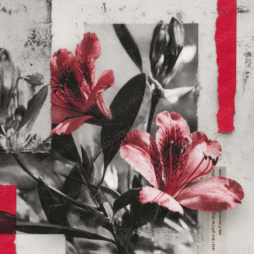 Red Overprint Floral Collage Background Digital Paper Pack (DDD000097)