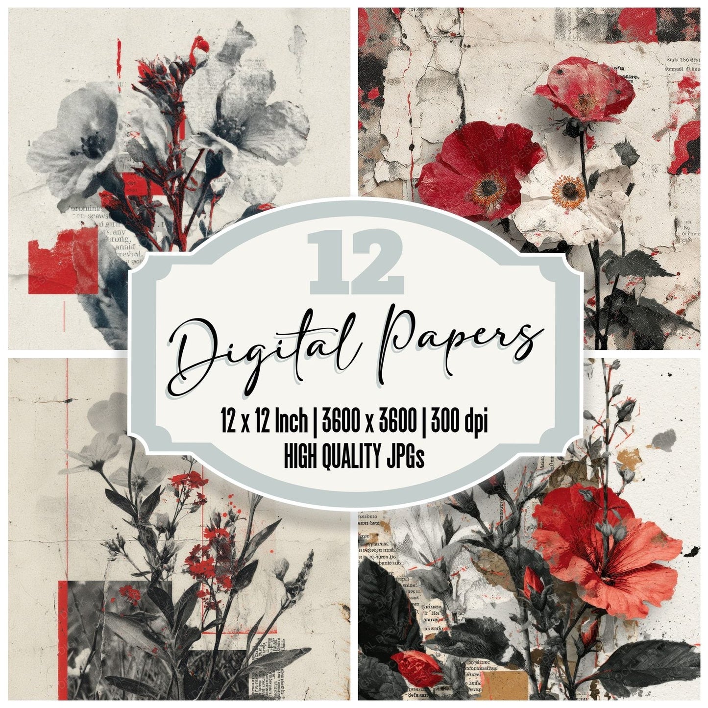 Red Protest Floral Collage Background Digital Paper Pack (DDD000098)