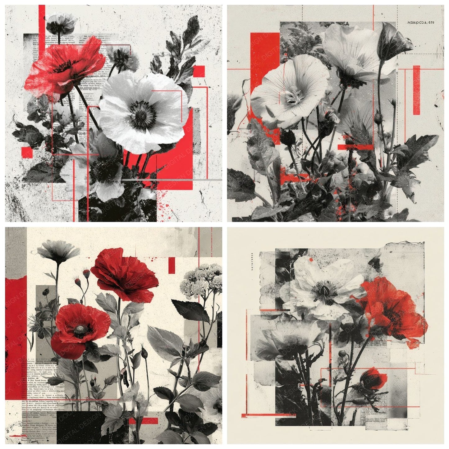 Red Protest Floral Collage Background Digital Paper Pack (DDD000098)