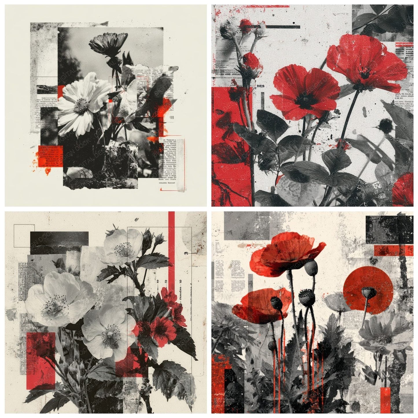 Red Protest Floral Collage Background Digital Paper Pack (DDD000098)