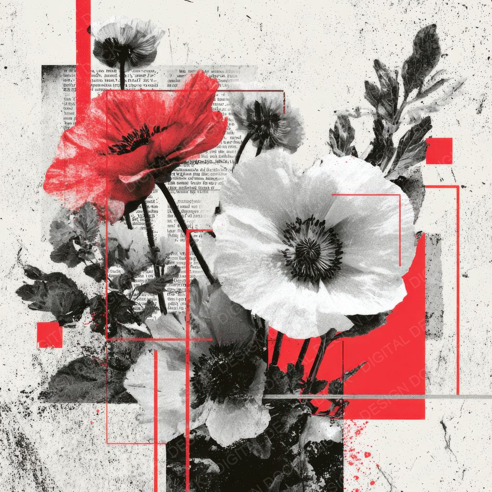 Red Protest Floral Collage Background Digital Paper Pack (DDD000098)