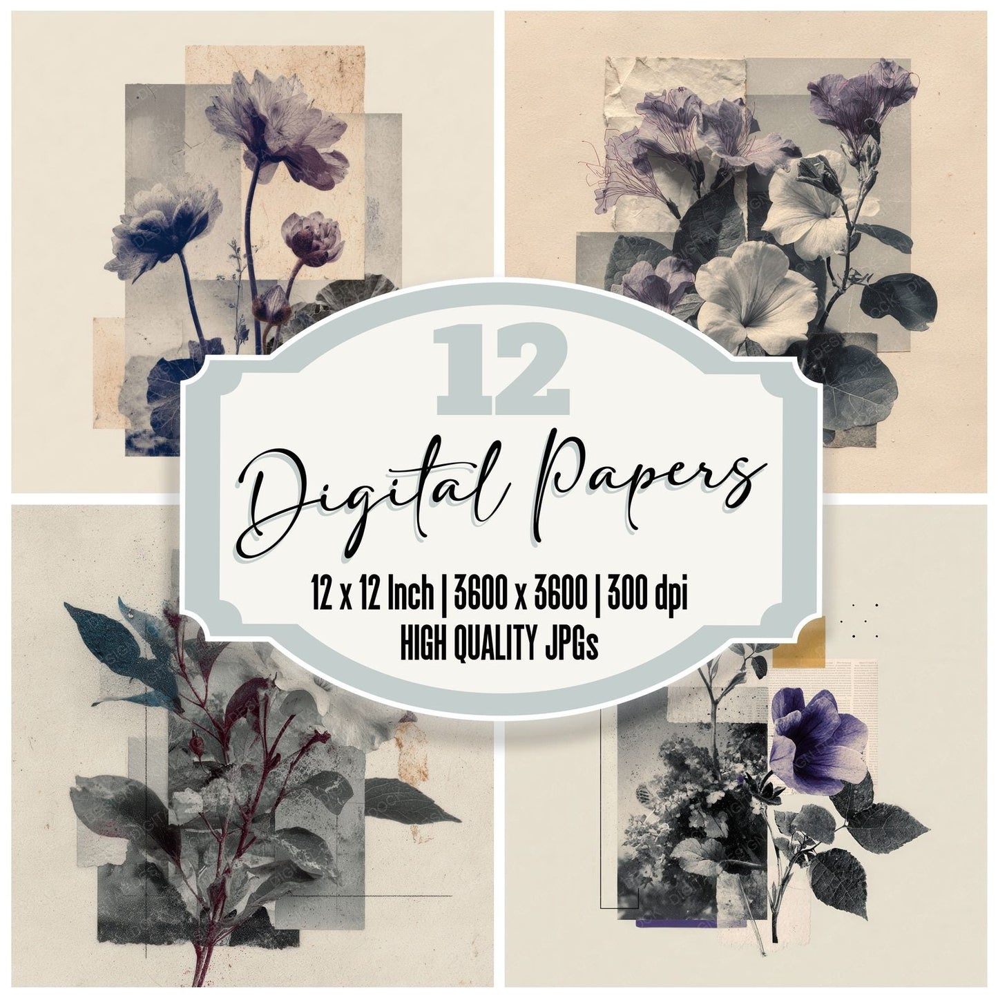 Violet Editorial Floral Collage Background Digital Paper Pack (DDD000099)