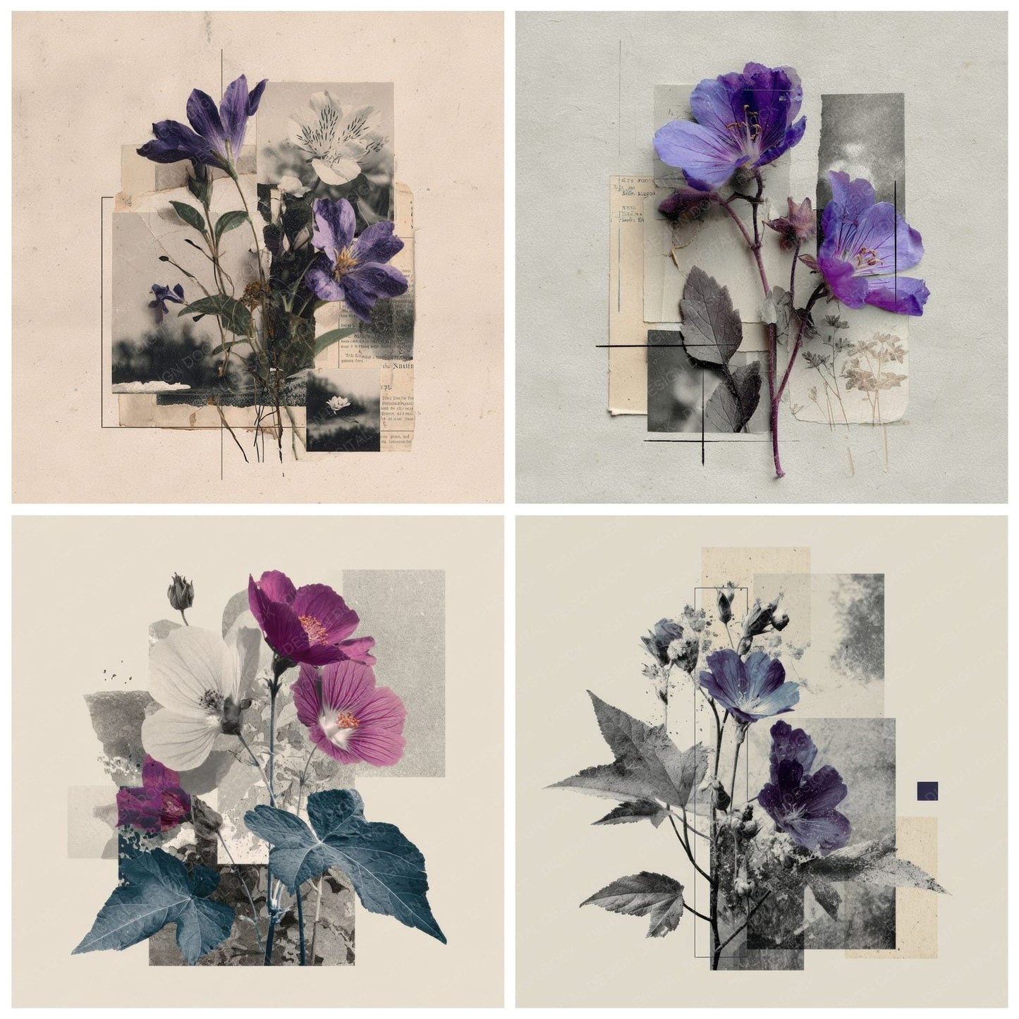Violet Editorial Floral Collage Background Digital Paper Pack (DDD000099)