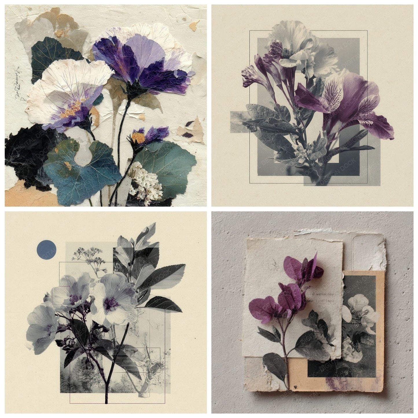 Violet Editorial Floral Collage Background Digital Paper Pack (DDD000099)