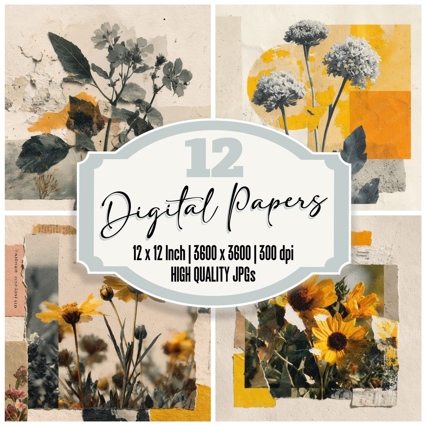 Yellow Overprint Floral Collage Background Digital Paper Pack (DDD000100)