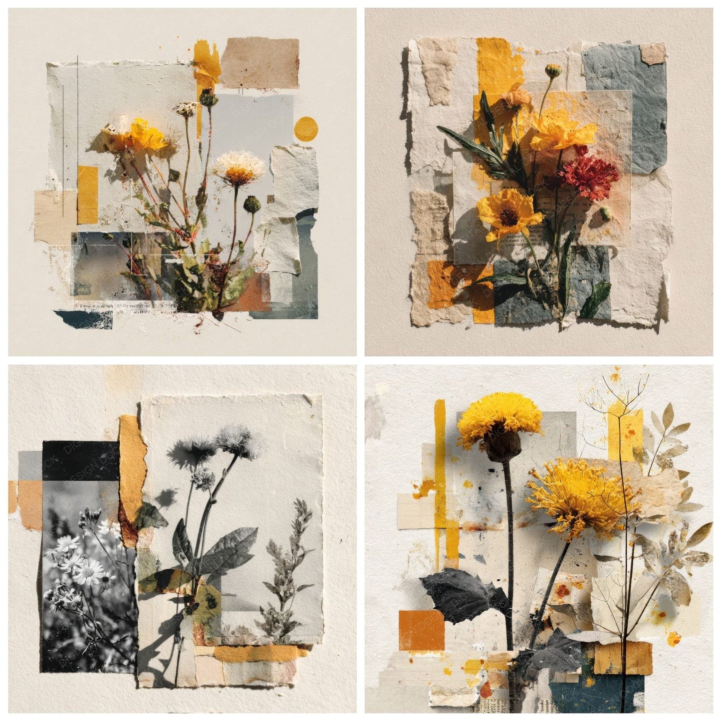 Yellow Overprint Floral Collage Background Digital Paper Pack (DDD000100)