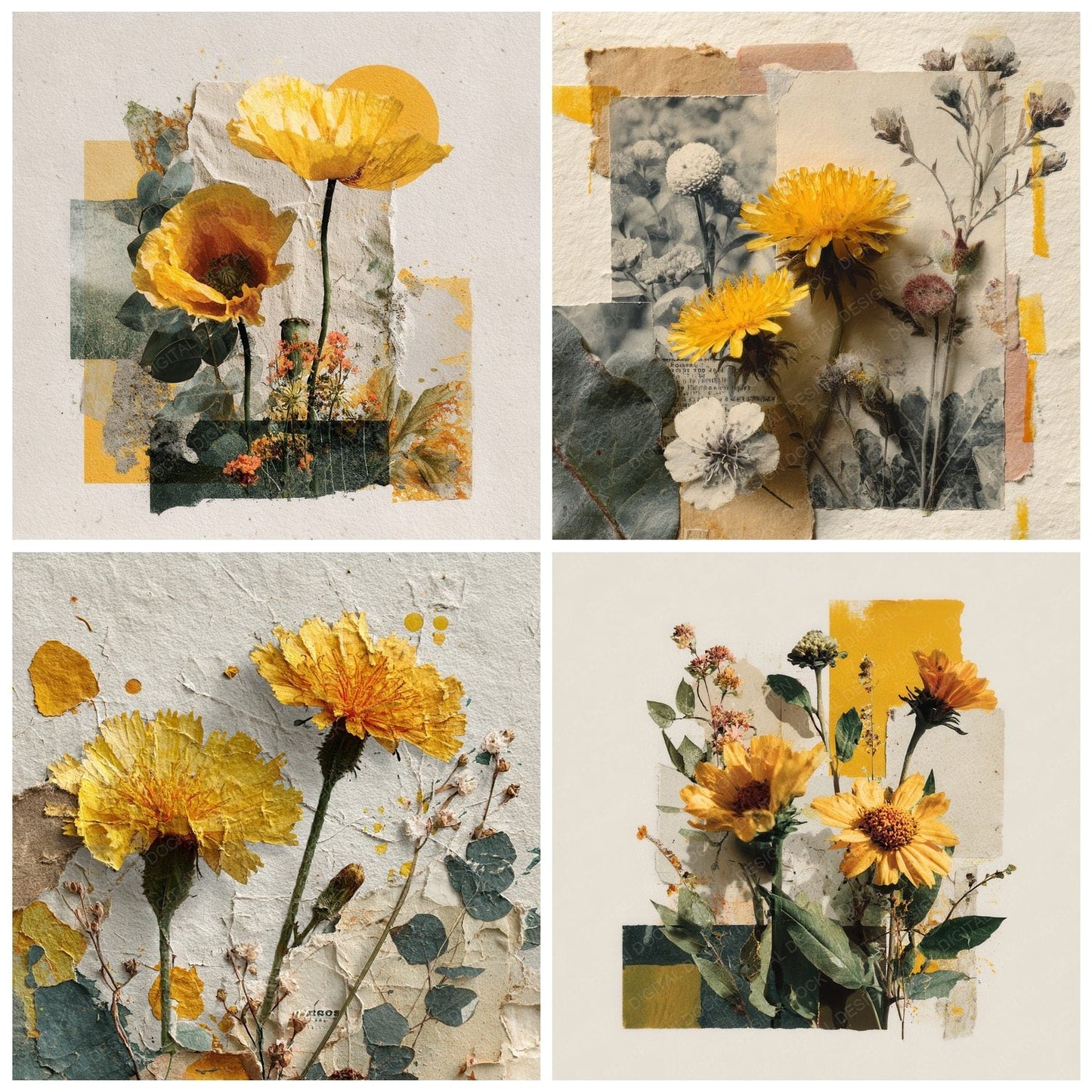 Yellow Overprint Floral Collage Background Digital Paper Pack (DDD000100)