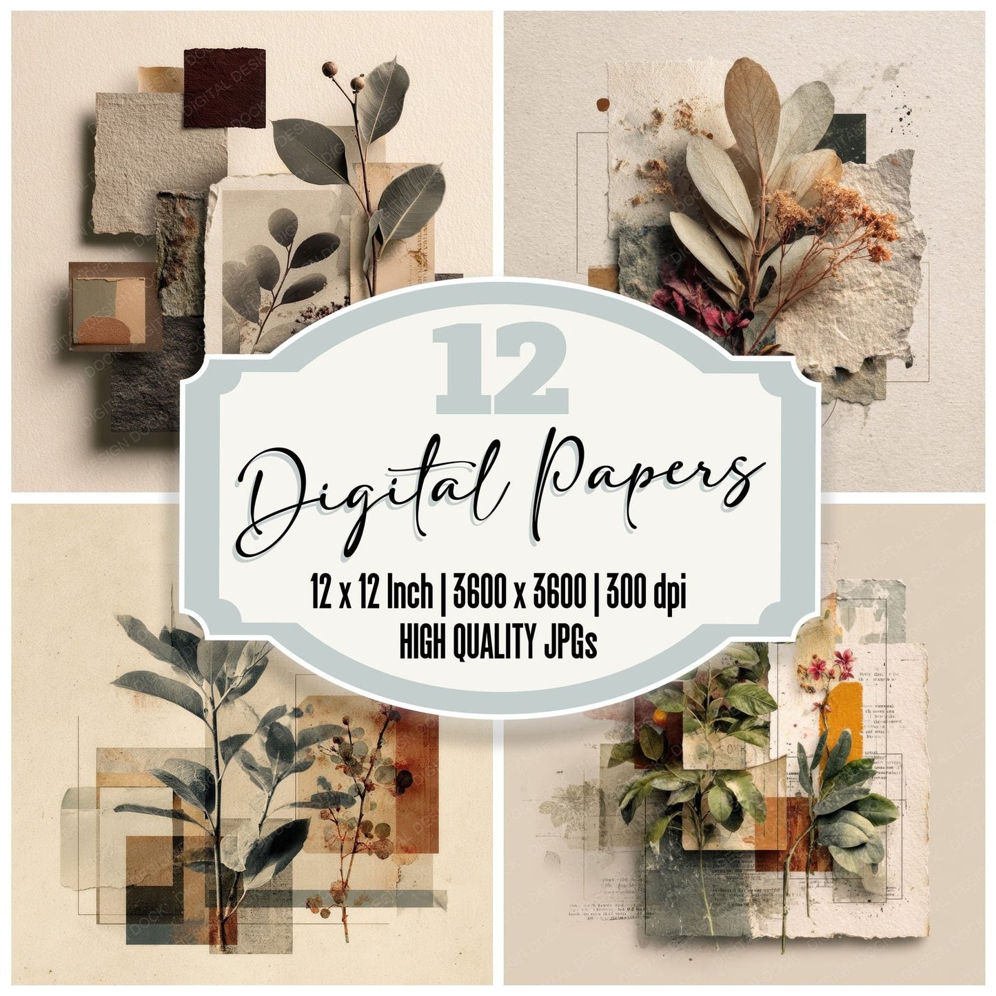Brown Editorial Botanical Collage Background Digital Paper Pack (DDD000101)