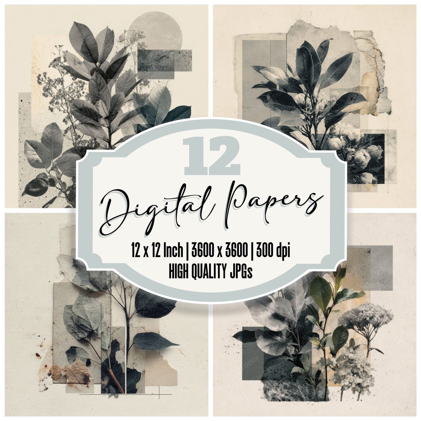 Charcoal Botanical Collage Background Digital Paper Pack (DDD000102)