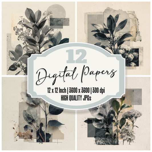 Charcoal Botanical Collage Background Digital Paper Pack (DDD000102)