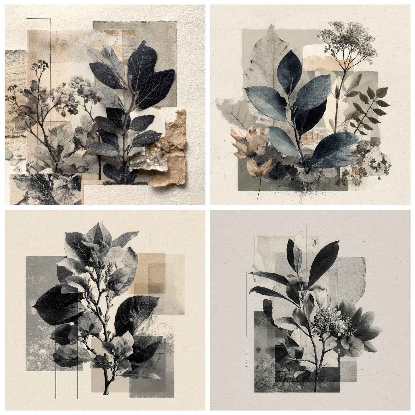 Charcoal Botanical Collage Background Digital Paper Pack (DDD000102)