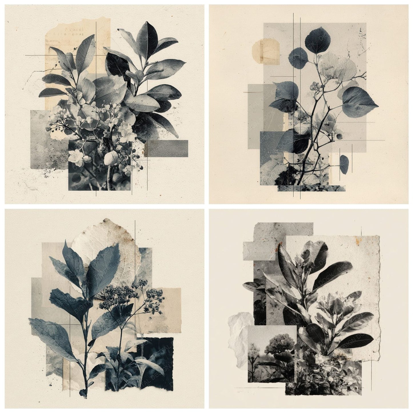 Charcoal Botanical Collage Background Digital Paper Pack (DDD000102)