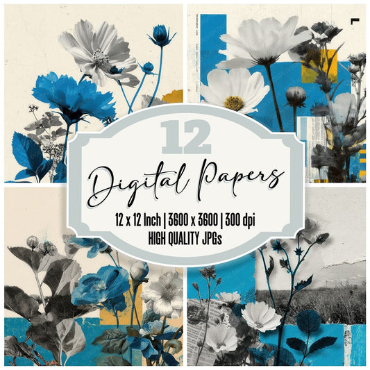 Cyan Overprint Floral Collage Background Digital Paper Pack (DDD000103)