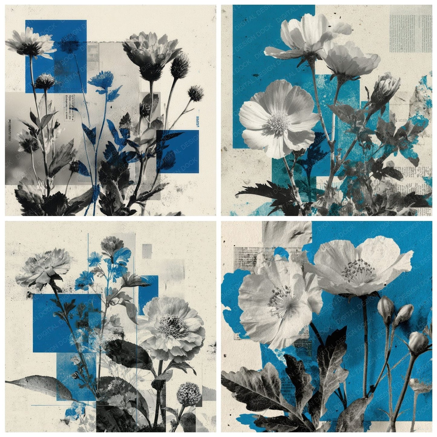 Cyan Overprint Floral Collage Background Digital Paper Pack (DDD000103)