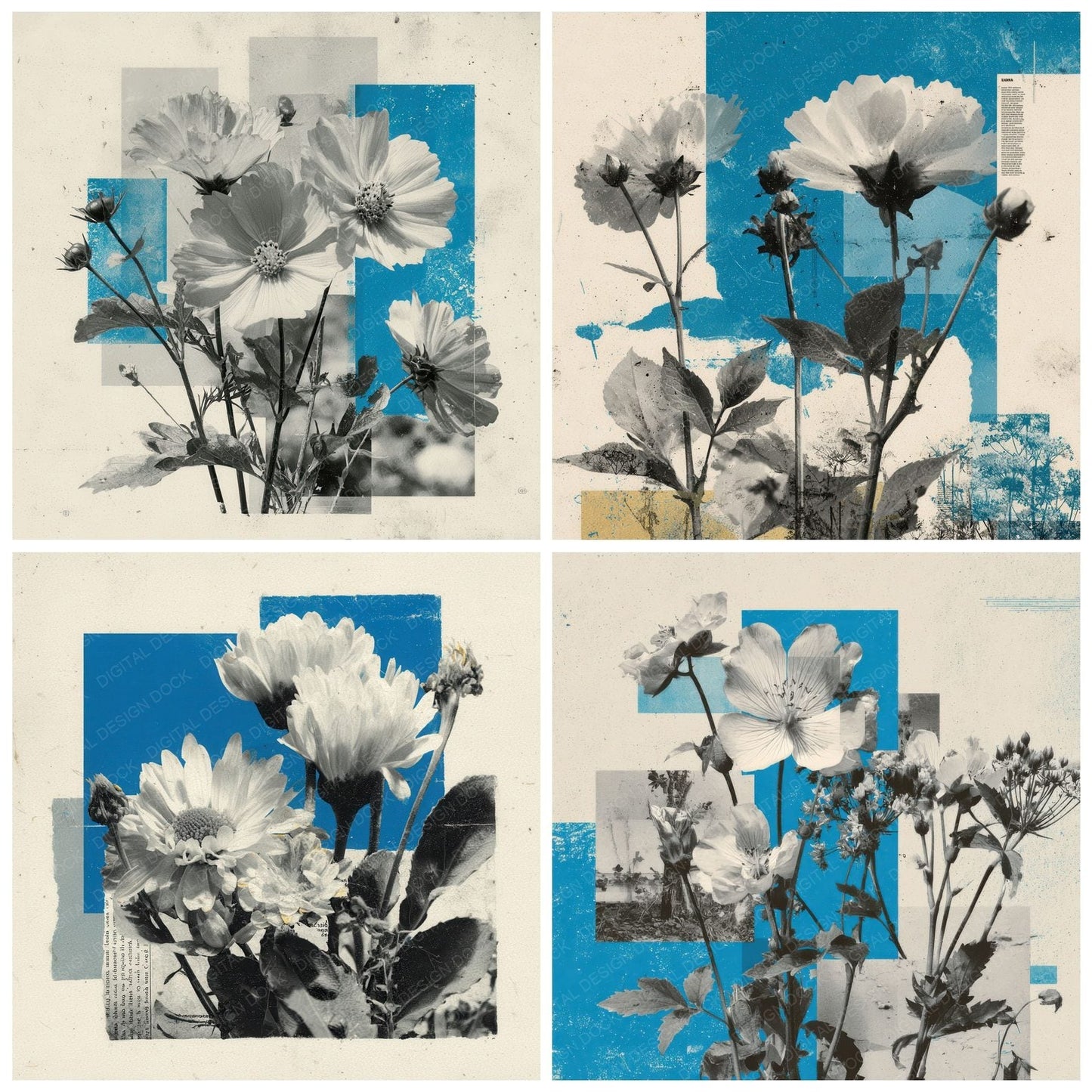 Cyan Overprint Floral Collage Background Digital Paper Pack (DDD000103)