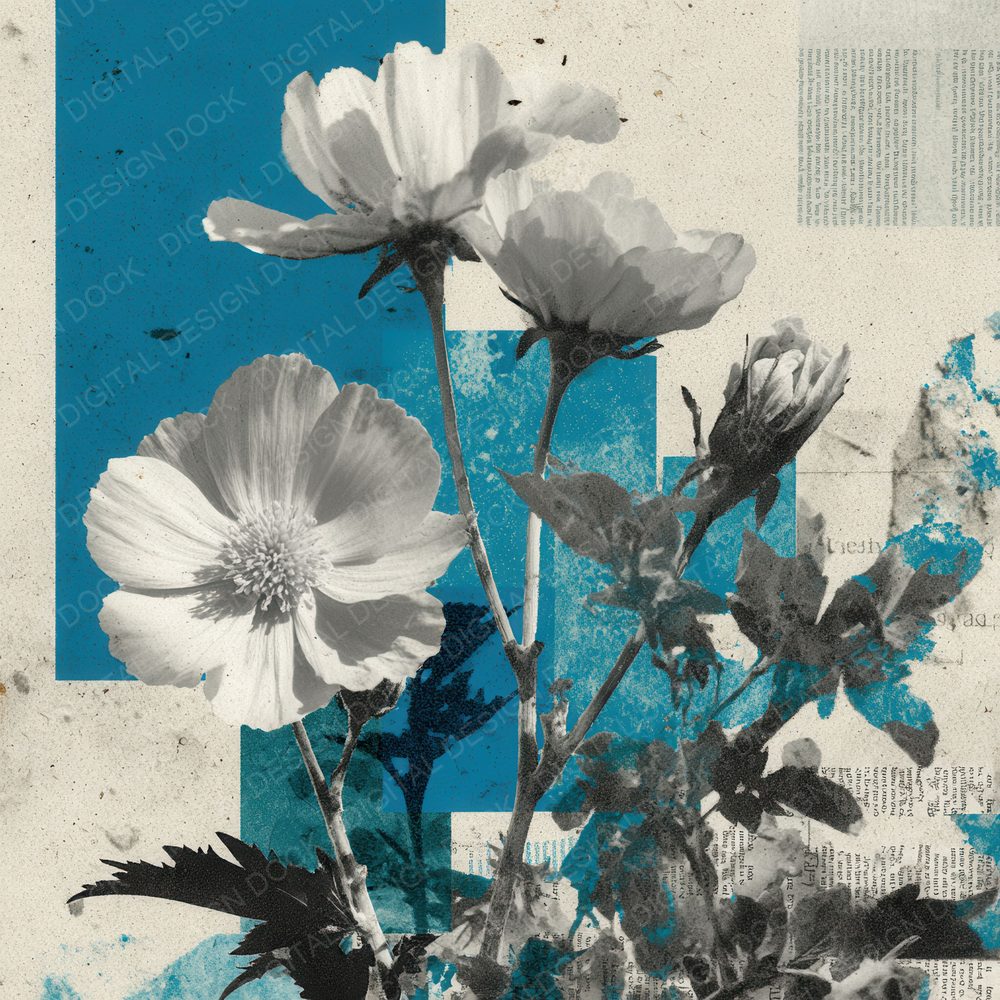 Cyan Overprint Floral Collage Background Digital Paper Pack (DDD000103)