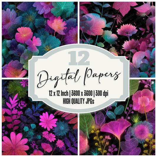 Neon Floral Glow Background Digital Paper Pack (DDD000108)