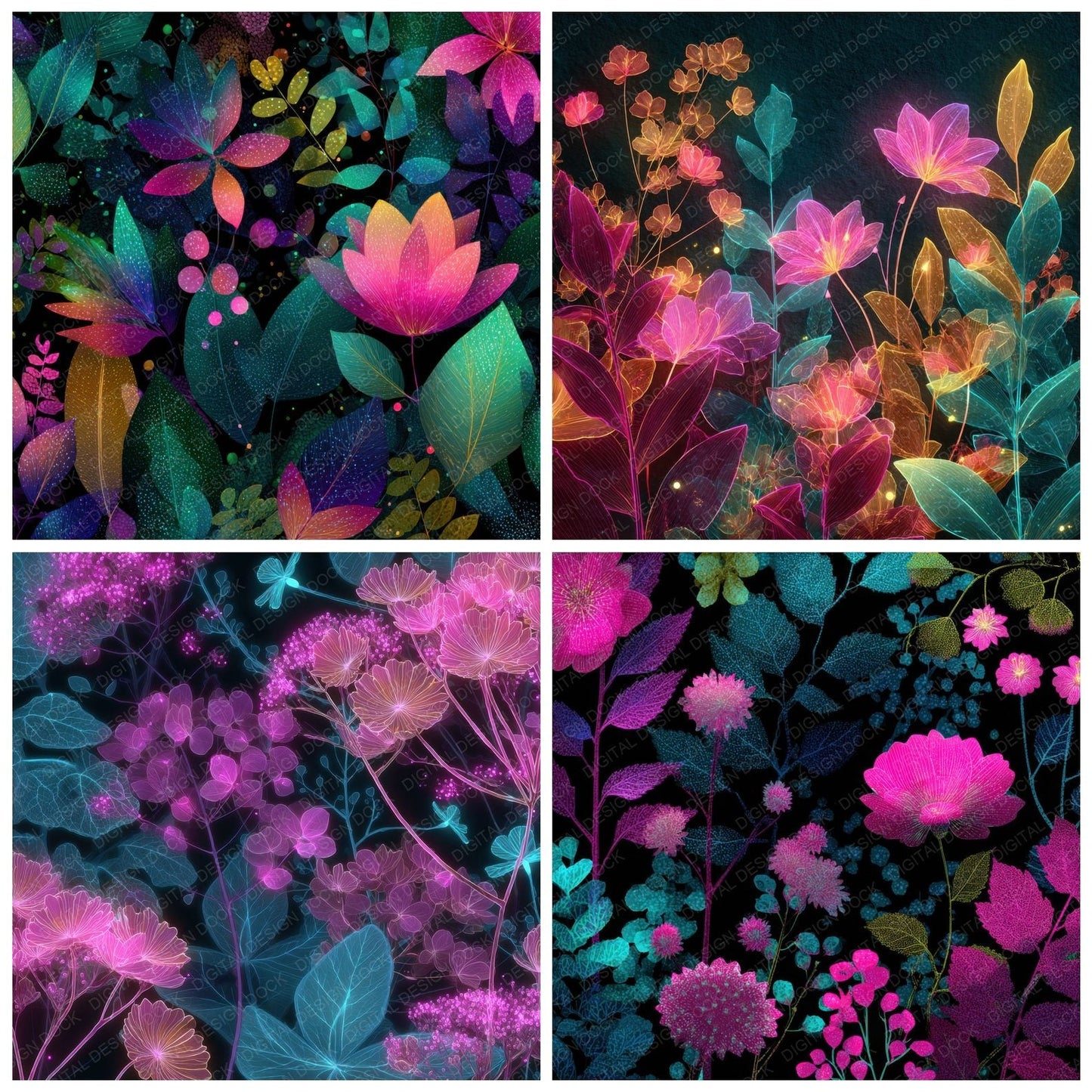 Neon Floral Glow Background Digital Paper Pack (DDD000108)