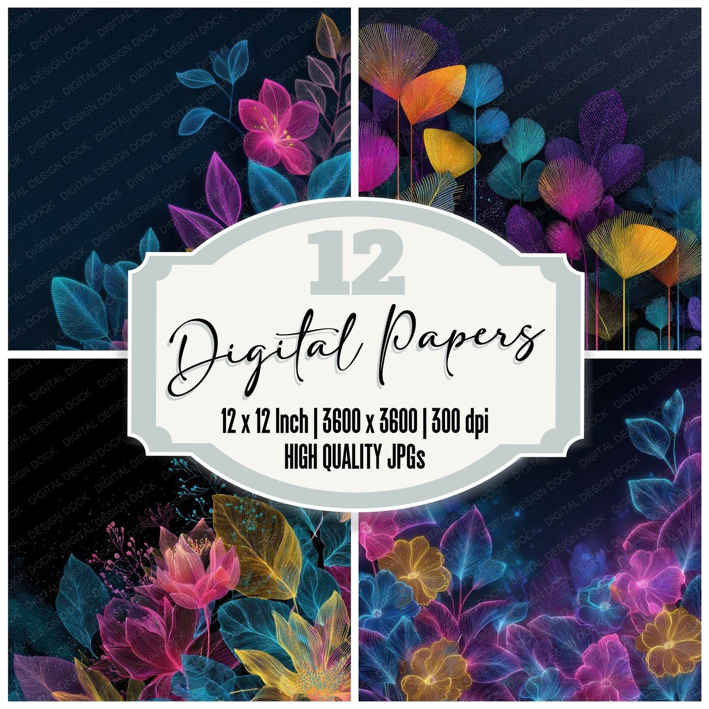 Neon Floral Outline Background Digital Paper Pack (DDD000109)