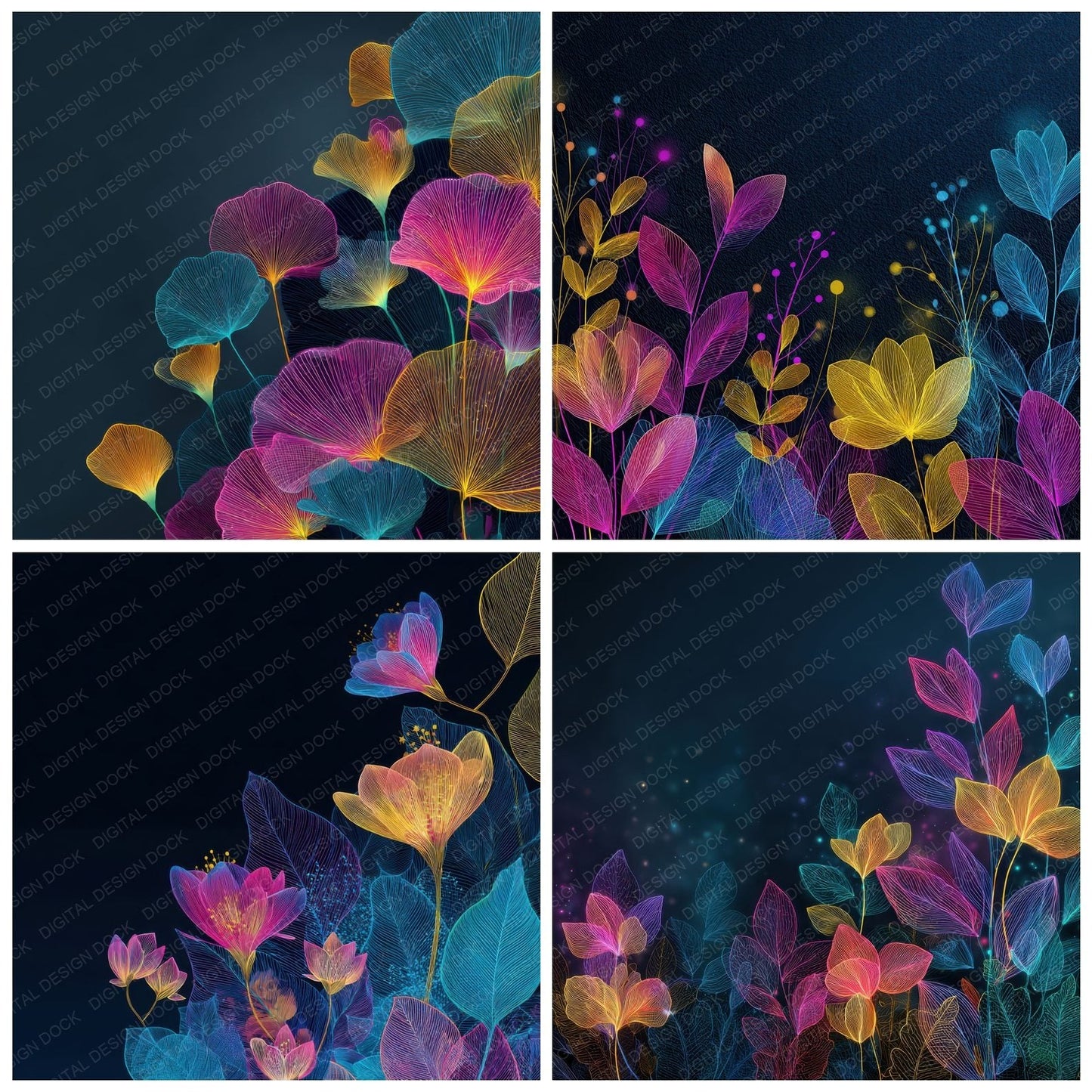 Neon Floral Outline Background Digital Paper Pack (DDD000109)